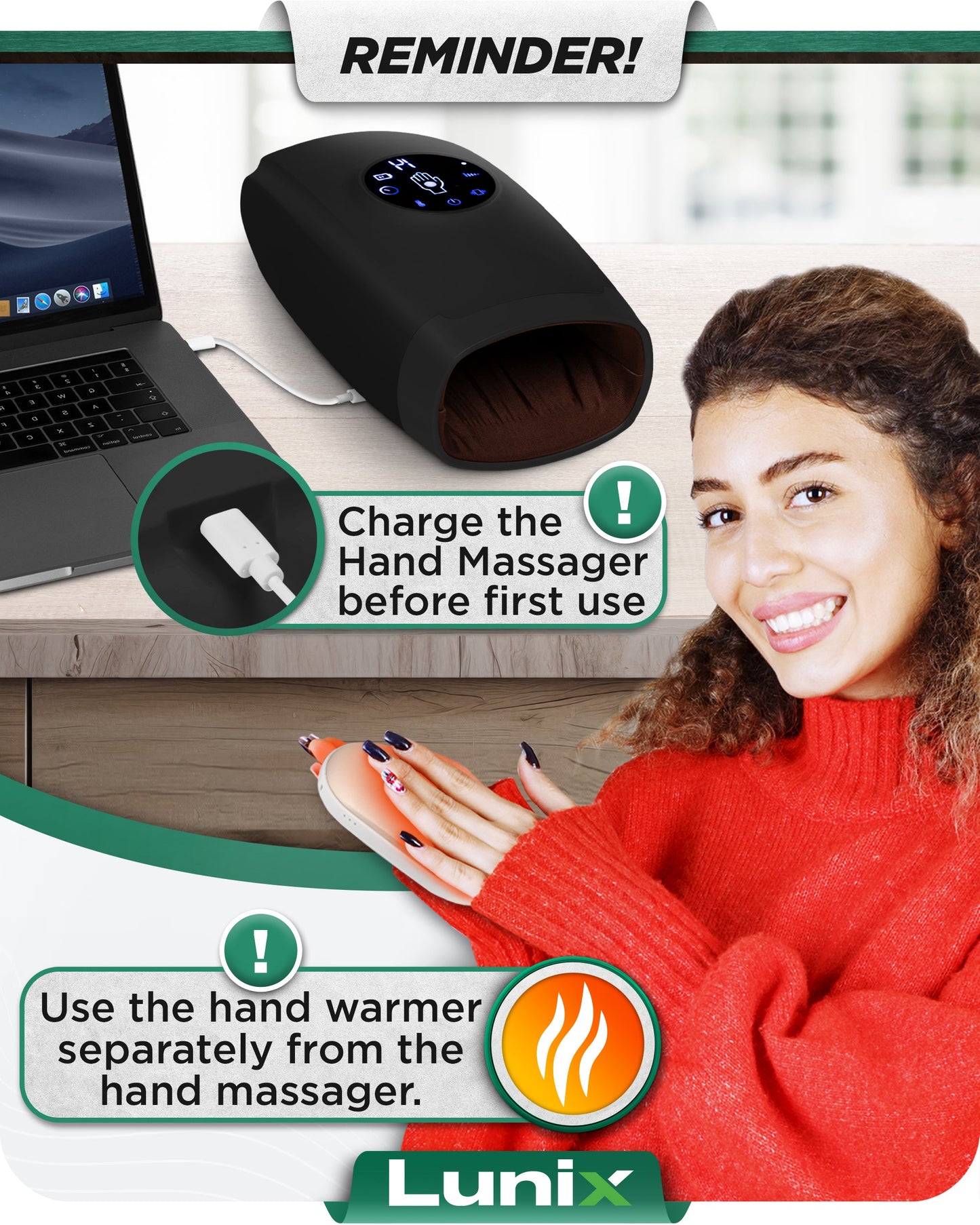 LX7 LCD Touchscreen Hand Massager, Heated Air Compression, Charcoal Black