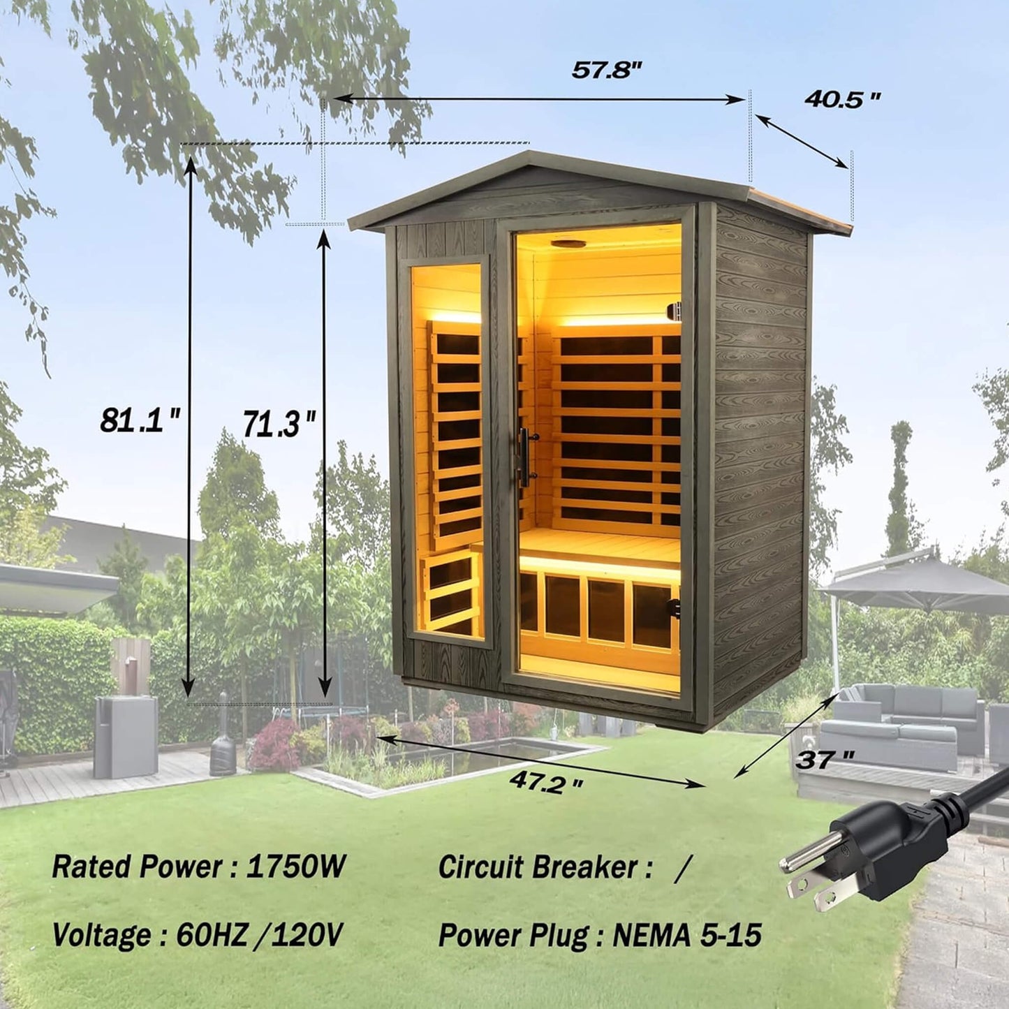 Thermora Premium 2-Person Black Carbonized Walnut Low EMF Far Infrared Outdoor Sauna With Bluetooth Audio And LED Lighting