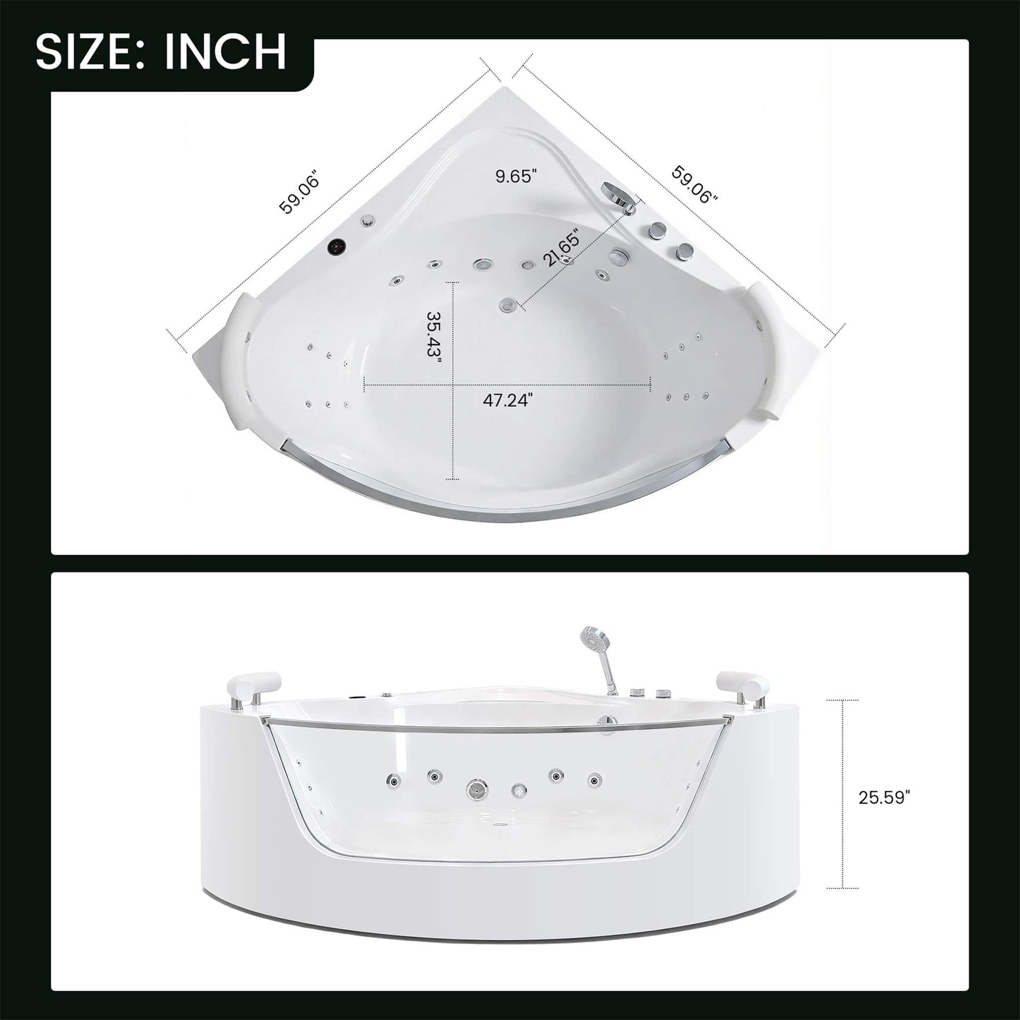 Alora Serenity 59-Inch 2-Person Acrylic Corner Whirlpool 16-Jet Hydro Massage Bathtub With Heater Rainbow Light (SAK70512)