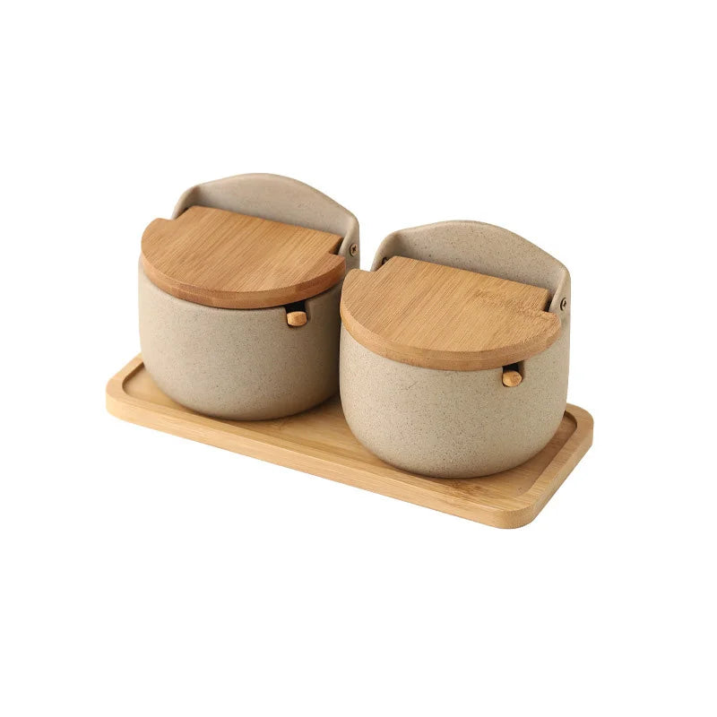 Ceramic Seasoning Jar Set with Bamboo Lid and Spoon