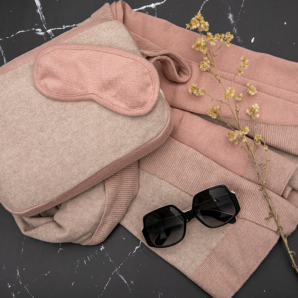 Reversible Solid Organic Cotton Travel Blanket and Eye Mask Set