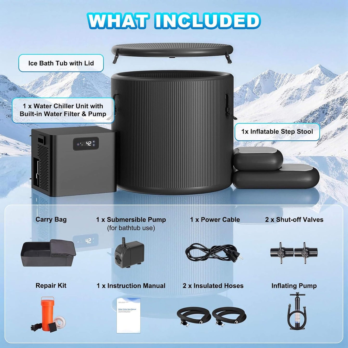 FCP Premium XL 120 Gal Cold Plunge Tub Kit With 1/3 HP Chiller, Filter And Pump