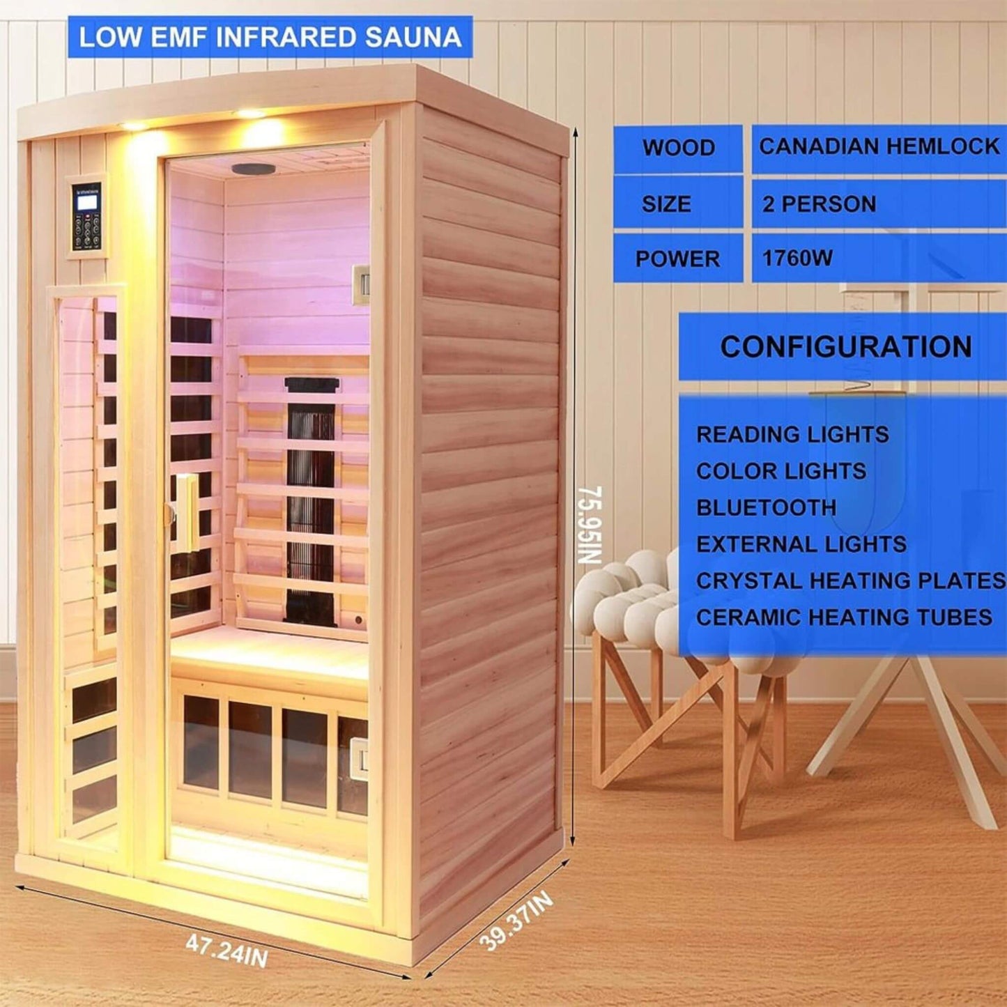 Thermora Premium 2-Person Low EMF FAR-Infrared Heat Wood Home Personal Spa Sauna With Ceramic Heaters, 1760W