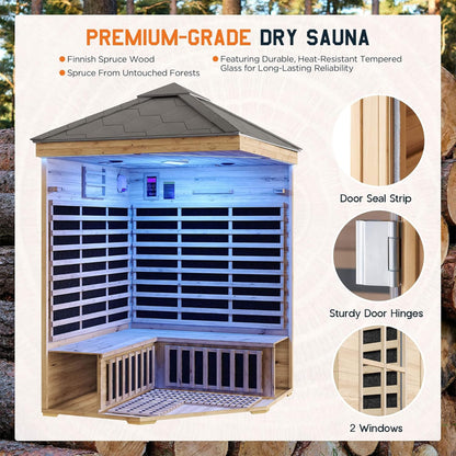 Thermora Monaco 4-Person Low EMF Spruce Wood Outdoor Infrared Sauna With Bluetooth Speakers And LED Lights