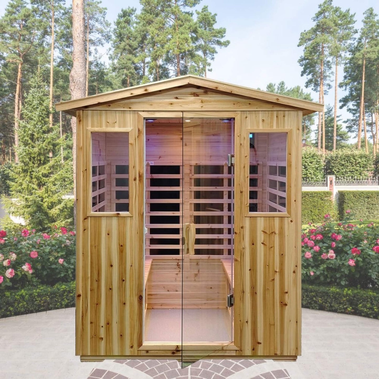 Thermora Deluxe 4-Person Outdoor Infrared Hemlock Sauna With Bluetooth Speakers & LED 0Lighting