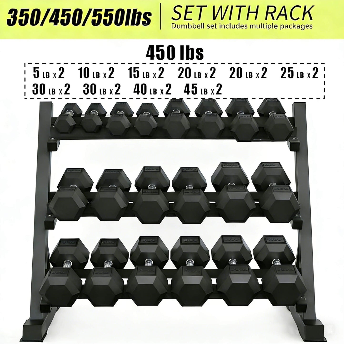 Rovix 450-Pounds Rubber Hex Dumbbell Set With Rack