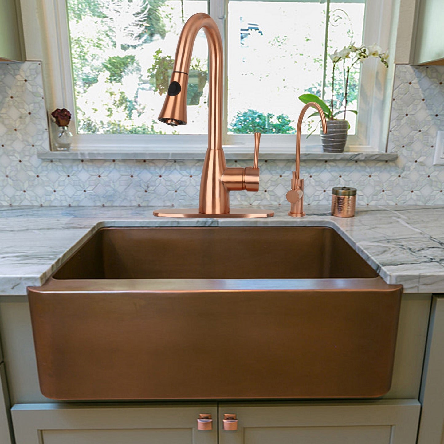 Copper Kitchen Faucet with Soap Dispenser, Single Handle Solid Brass High Arc Pull Down Sprayer Head Kitchen Sink Faucets with Deck Plate