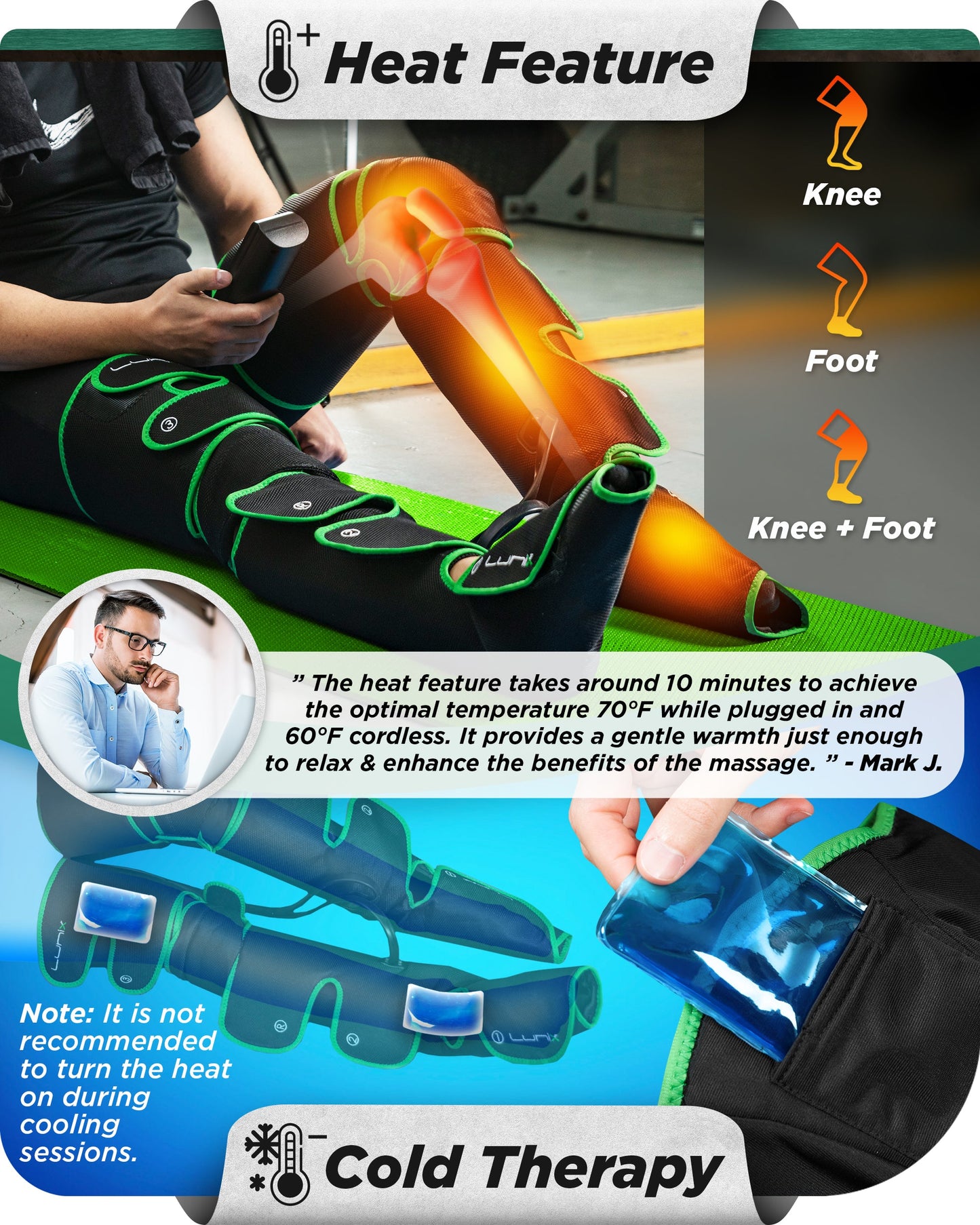 LX10 FULL LEG COMPRESSION MASSAGER WITH HOT/COLD PACK - GREEN - UPGRADED