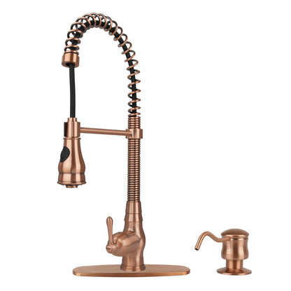 Copper Kitchen Faucet with Soap Dispenser, Single Handle Solid Brass High Arc Pull Down Sprayer Head Kitchen Sink Faucets with Deck Plate