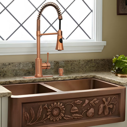 Copper Kitchen Faucet with Soap Dispenser, Single Handle Solid Brass High Arc Pull Down Sprayer Head Kitchen Sink Faucets with Deck Plate