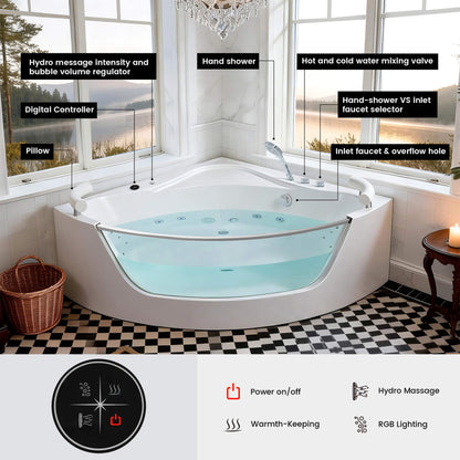 Alora Serenity 59-Inch 2-Person Acrylic Corner Whirlpool 16-Jet Hydro Massage Bathtub With Heater Rainbow Light (SAK70512)