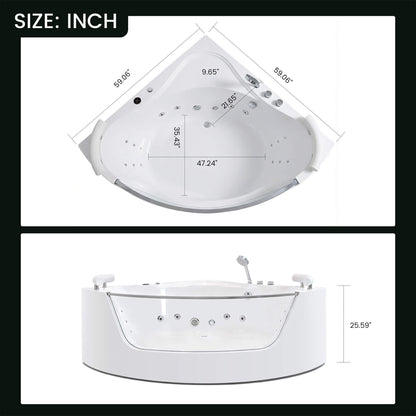 Alora Serenity 59-Inch 2-Person Acrylic Corner Whirlpool 16-Jet Hydro Massage Bathtub With Heater Rainbow Light (SAK70512)