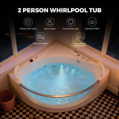 Alora Serenity 59-Inch 2-Person Acrylic Corner Whirlpool 16-Jet Hydro Massage Bathtub With Heater Rainbow Light (SAK70512)