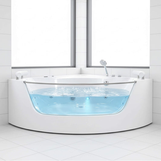 Alora Serenity 59-Inch 2-Person Acrylic Corner Whirlpool 16-Jet Hydro Massage Bathtub With Heater Rainbow Light (SAK70512)