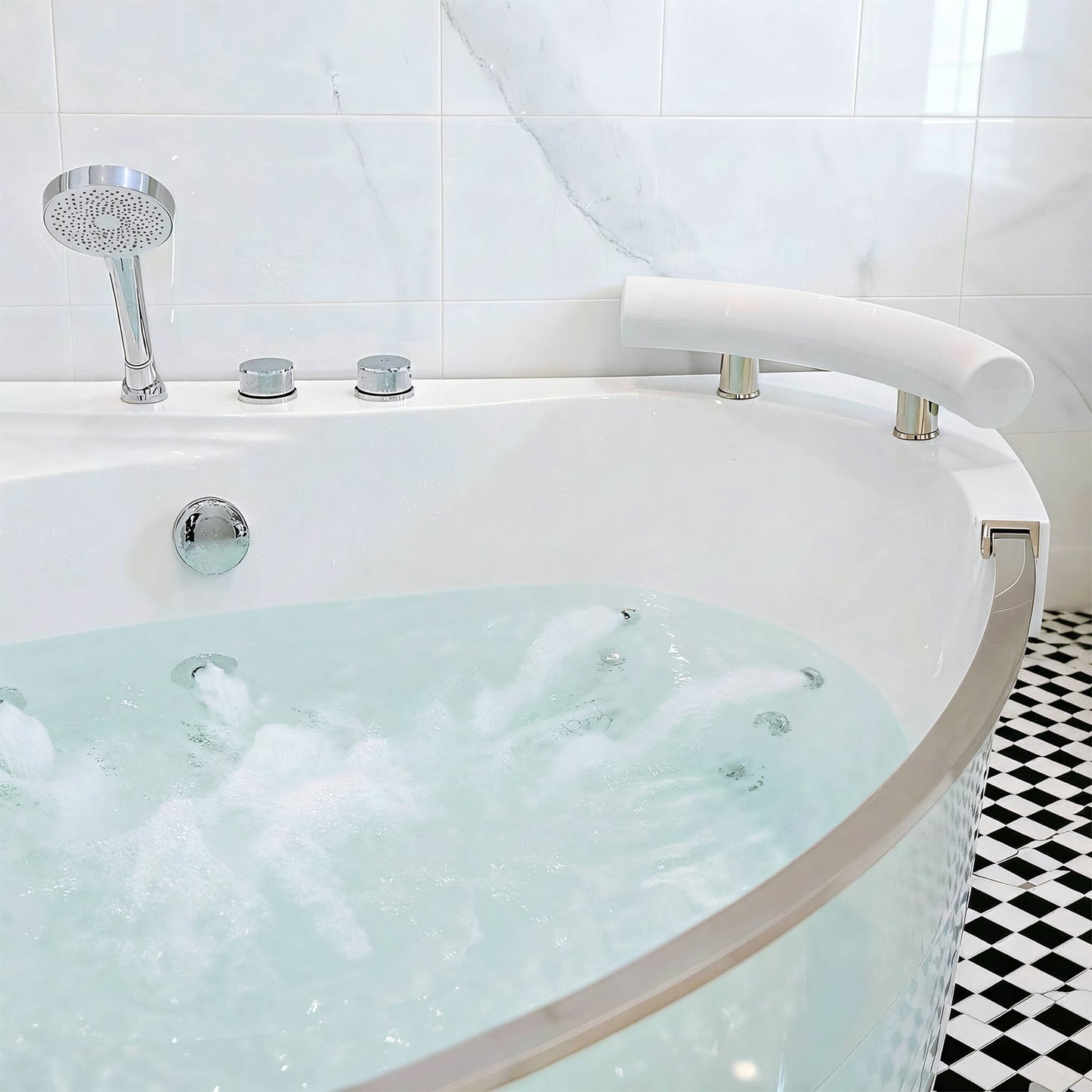 Alora Serenity 59-Inch 2-Person Acrylic Corner Whirlpool 16-Jet Hydro Massage Bathtub With Heater Rainbow Light (SAK70512)