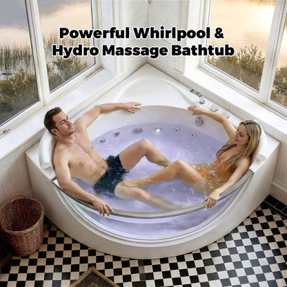 Alora Serenity 59-Inch 2-Person Acrylic Corner Whirlpool 16-Jet Hydro Massage Bathtub With Heater Rainbow Light (SAK70512)