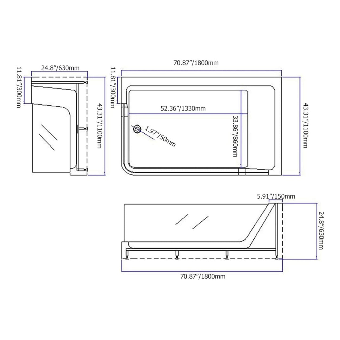 Alora Solstice 71-Inch Luxury 2-Person Acrylic Whirlpool Tub With LED Lights Jets And Faucet (SAK91752)