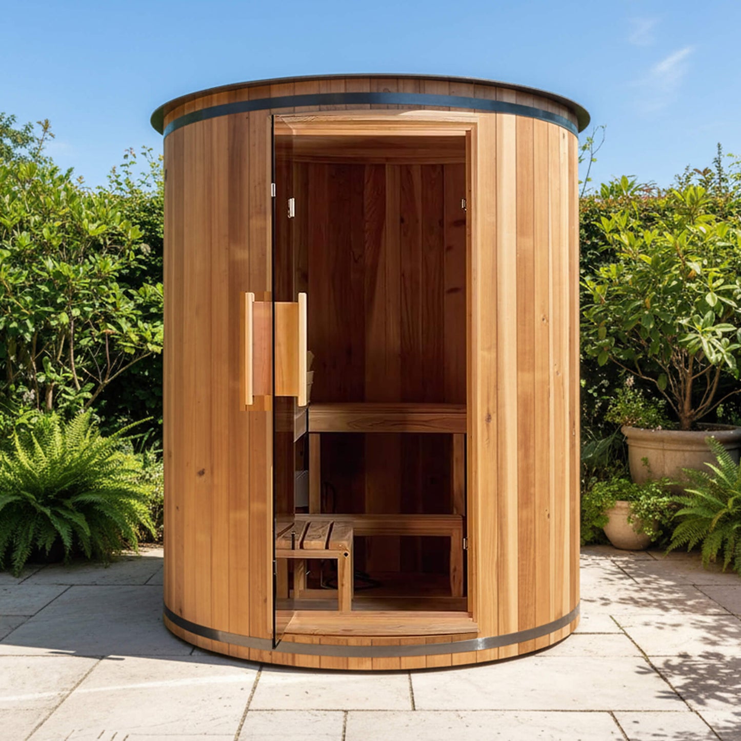 Thermora Barcelona Premium 78-Inch 4-Person Cedar Wood Outdoor Vertical Barrel Sauna With 6KW Heater, LED Lights And Stones