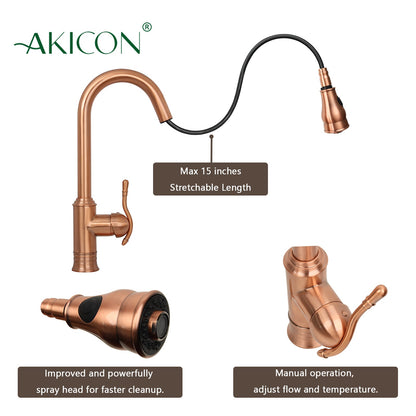 Copper Kitchen Faucet with Soap Dispenser, Single Handle Solid Brass High Arc Pull Down Sprayer Head Kitchen Sink Faucets with Deck Plate