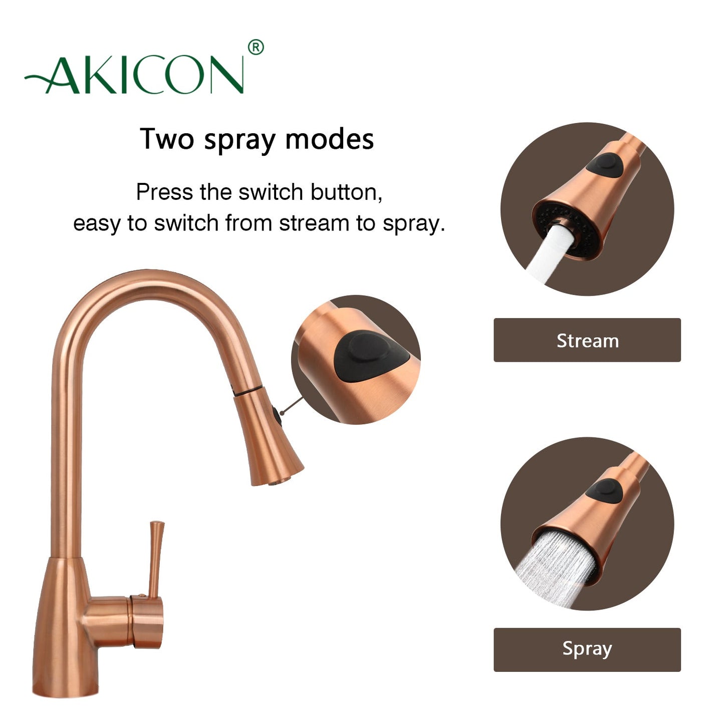 Copper Pull Out Kitchen Faucet, Single Level Solid Brass Kitchen Sink Faucets with Pull Down Sprayer - AK96455C