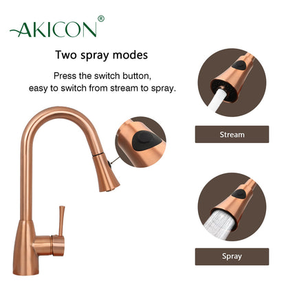 Copper Pull Out Kitchen Faucet, Single Level Solid Brass Kitchen Sink Faucets with Pull Down Sprayer - AK96455C