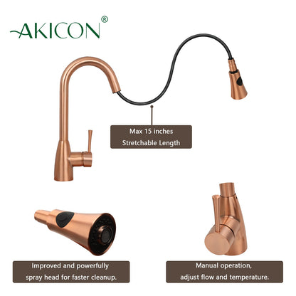 Copper Pull Out Kitchen Faucet, Single Level Solid Brass Kitchen Sink Faucets with Pull Down Sprayer - AK96455C