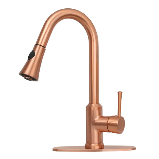 Copper Pull Out Kitchen Faucet with Deck Plate, Single Level Solid Brass Kitchen Sink Faucets with Pull Down Sprayer-AK96466C