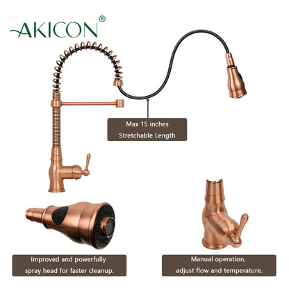 Copper Kitchen Faucet with Soap Dispenser, Single Handle Solid Brass High Arc Pull Down Sprayer Head Kitchen Sink Faucets with Deck Plate