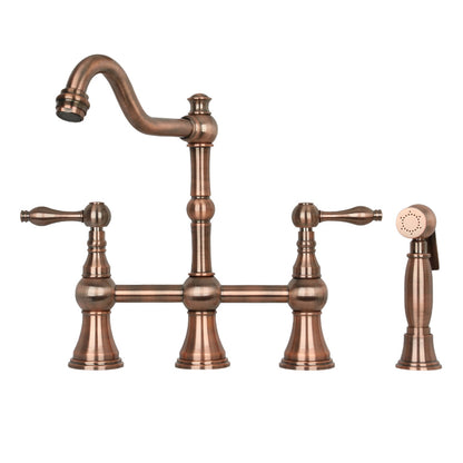 Two-Handles Copper Bridge Kitchen Faucet with Side Sprayer - AK96718C
