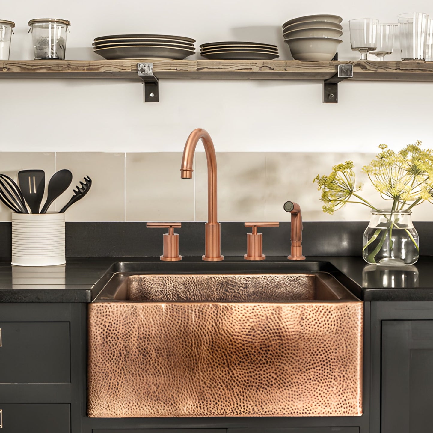 Two-Handles Copper Widespread Kitchen Faucet with Plastic Side Sprayer - AK96866N1