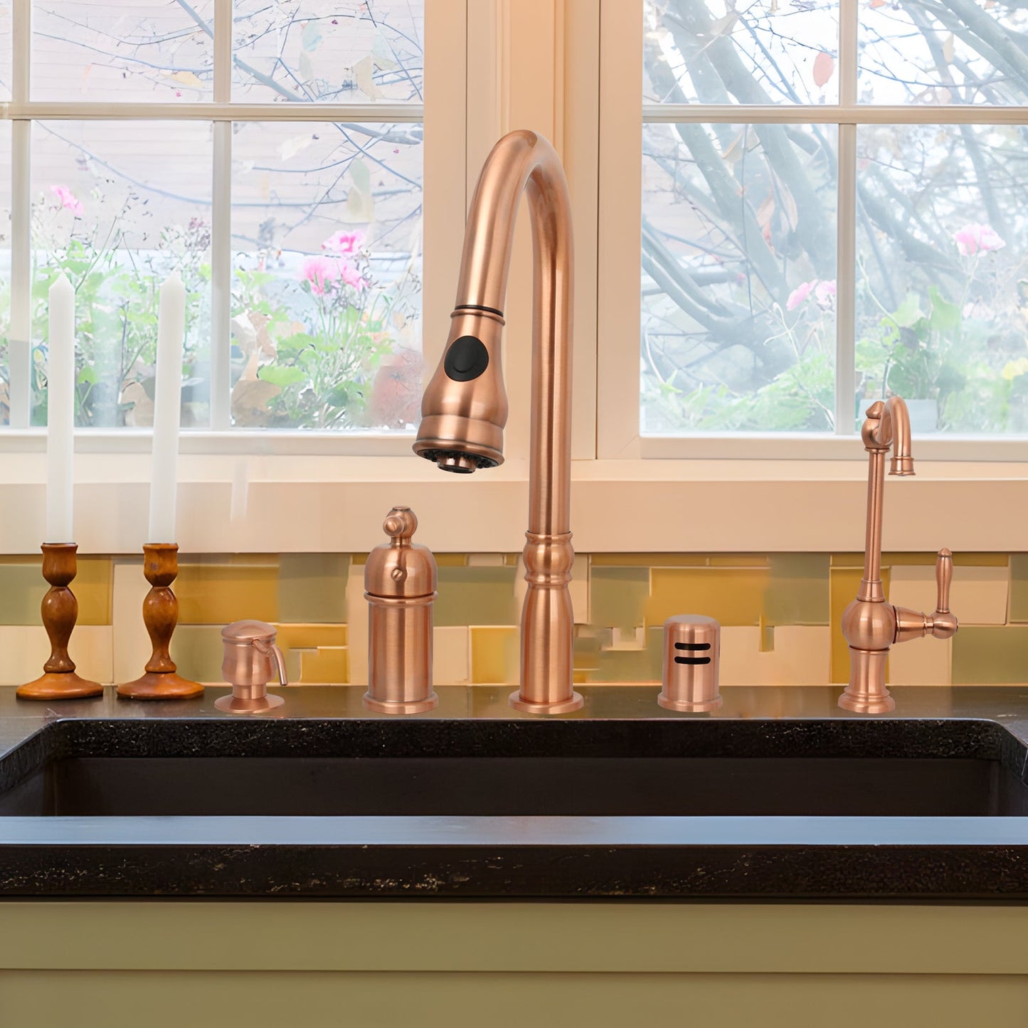 Copper Kitchen Faucet with in-Deck Handle and Soap Dispenser, Single Handle Solid Brass High Arc Pull Down Sprayer Head Kitchen Sink Faucet