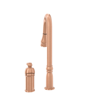 Copper Kitchen Faucet with in-Deck Handle and Soap Dispenser, Single Handle Solid Brass High Arc Pull Down Sprayer Head Kitchen Sink Faucet