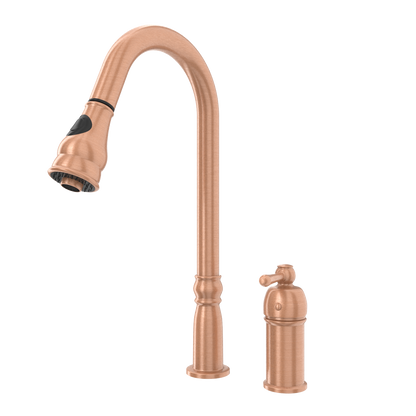 Copper Kitchen Faucet with in-Deck Handle and Soap Dispenser, Single Handle Solid Brass High Arc Pull Down Sprayer Head Kitchen Sink Faucet