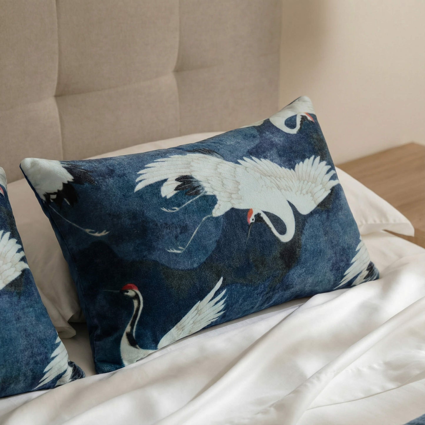 Velvet Crane in the Clouds Small Lumbar Pillow