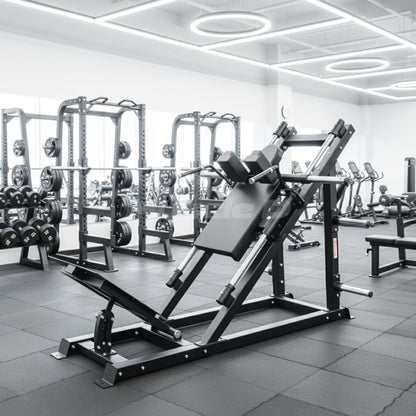 Excel Open Linear Bearing Hack Squat - Muscle D Fitness - Plate Load Squat Machine - Plate Storage Pegs - Adjustable Foot Plate