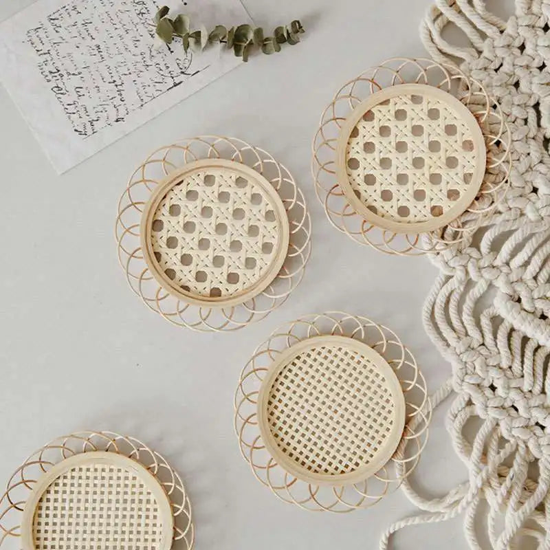 Bamboo Woven Coasters & Storage Basket Set for Kitchen Table Décor
