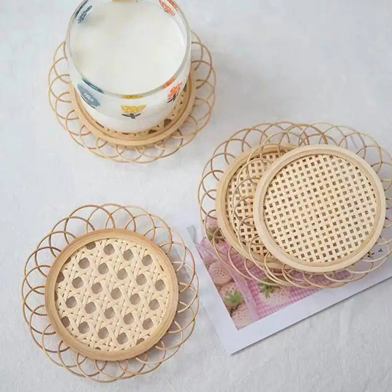 Bamboo Woven Coasters & Storage Basket Set for Kitchen Table Décor