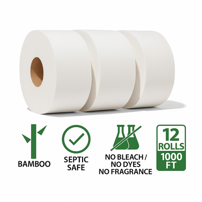 Bamboo Toilet Paper, JRT 12 Jumbo Roll Tissue, 2-Ply 1000 Sheets, 9" Diameter, Bulk for Business, Commercial & Schools