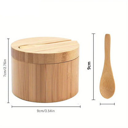 Bamboo Seasoning Box with Spoon - Rotating Cover Spice Container