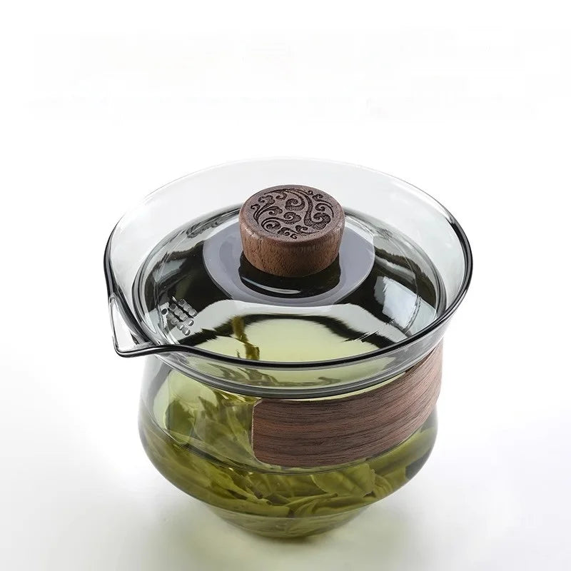 Glass Teapot Set: Chinese Kung Fu Tea Bamboo Tray & Quick Drain Storage