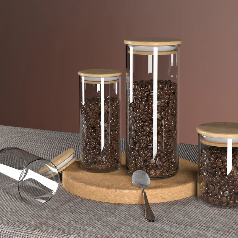 Airtight Glass Coffee Bean Storage Jar with Bamboo Lid for Kitchenpreservation