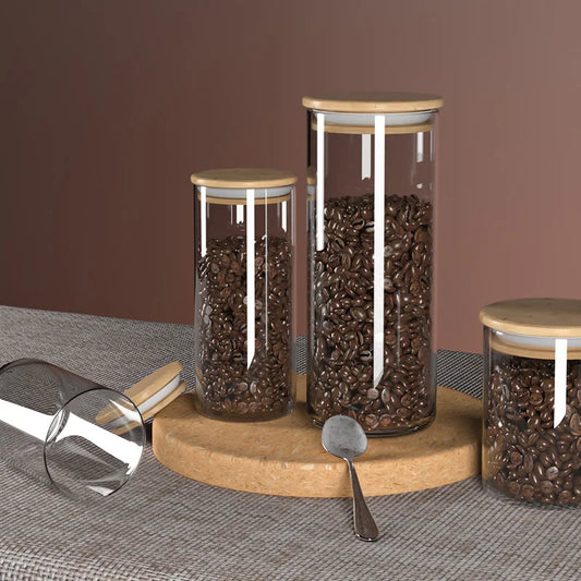 Airtight Glass Coffee Bean Storage Jar with Bamboo Lid for Kitchenpreservation