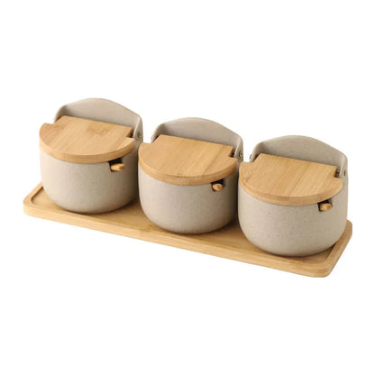 Ceramic Seasoning Jar Set with Bamboo Lid and Spoon