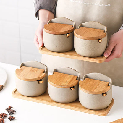 Ceramic Seasoning Jar Set with Bamboo Lid and Spoon