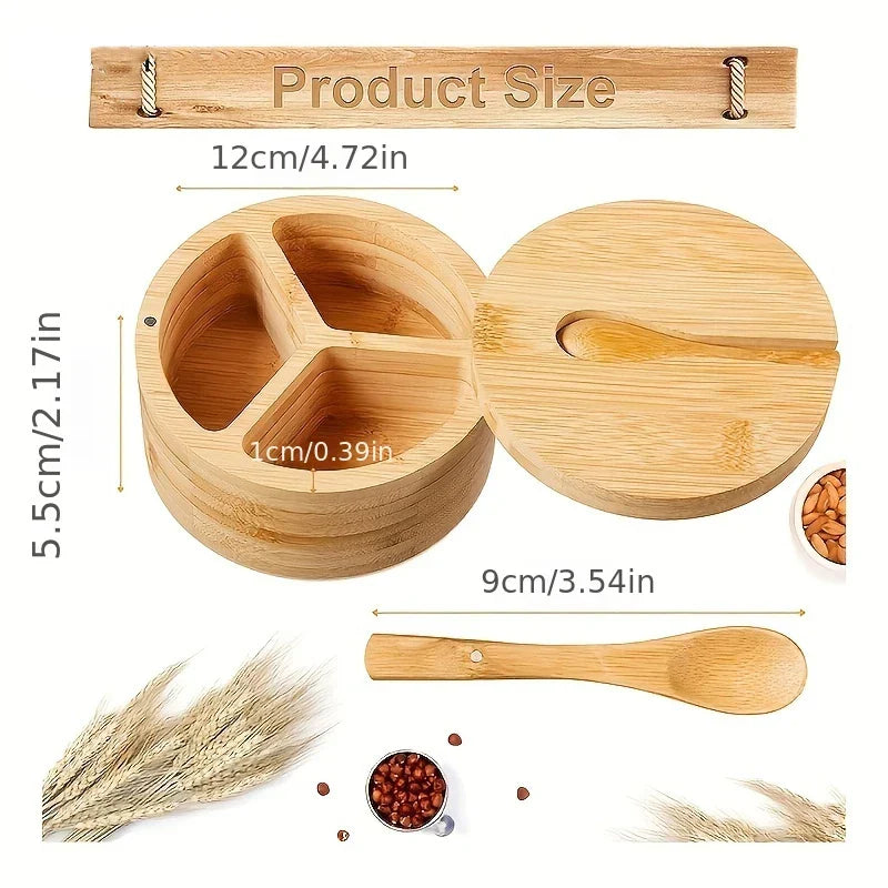 Bamboo Seasoning Box with Spoon - Rotating Cover Spice Container