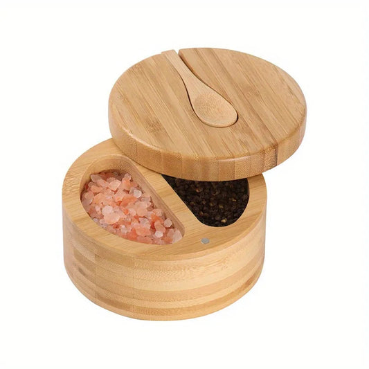 Bamboo Seasoning Box with Spoon - Rotating Cover Spice Container