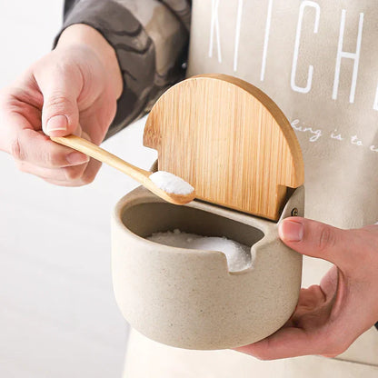 Ceramic Seasoning Jar Set with Bamboo Lid and Spoon