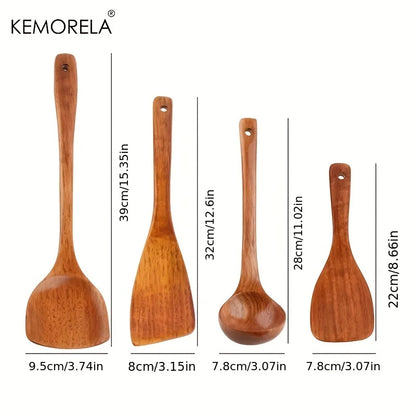 4-Piece Wooden Kitchen Utensil Set | Eco-Friendly Cooking Spoons and Spatula