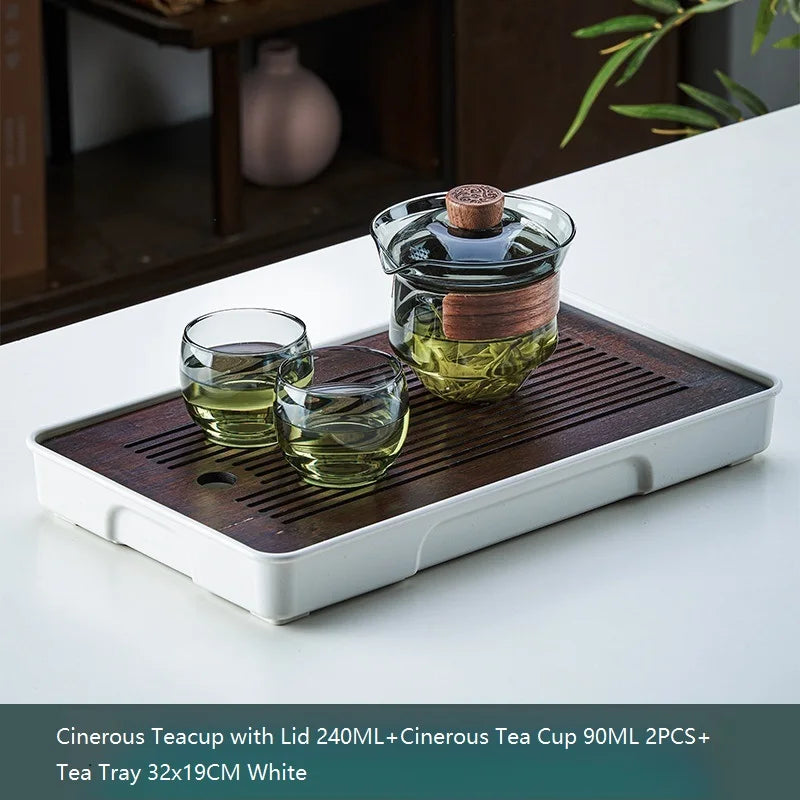 Glass Teapot Set: Chinese Kung Fu Tea Bamboo Tray & Quick Drain Storage