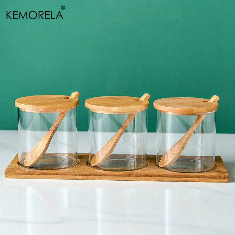 Glass Spice Jar Set with Bamboo Lid - 2/3PCS Round Mouth Seasoning Organizer